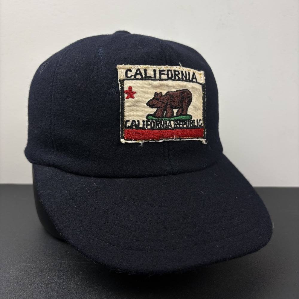 Vintage 90s Navy Wool California Republic Bear Flag Patch Hat Fitted Cap USA